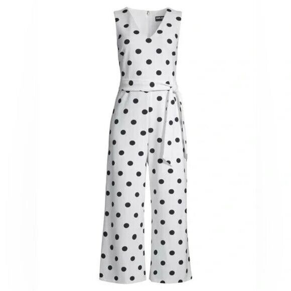 Karl Lagerfeld Paris Cropped Jumpsuit belt White black polka dot Size 12 - Picture 3 of 9